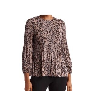Adrianna Papell Georgette‎ Pleated Long Sleeve Blouse Animal Print sz L fits XL